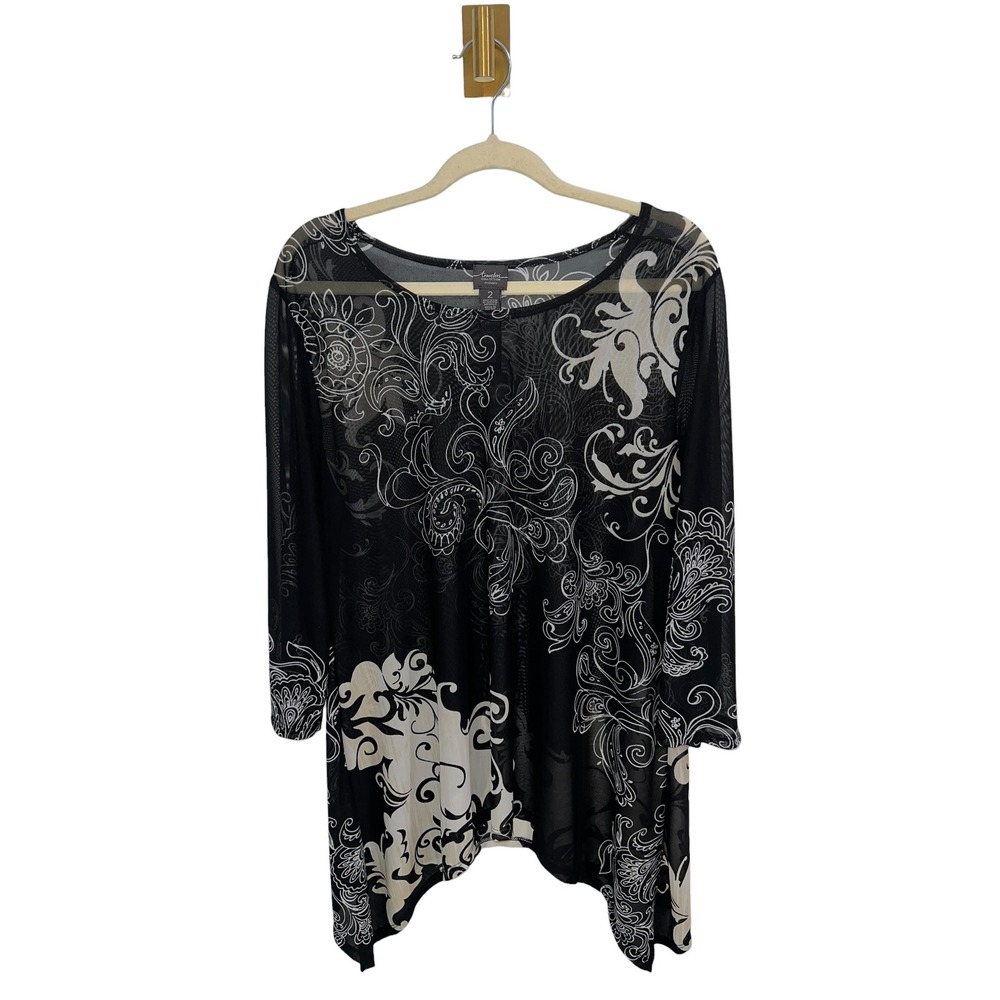 Chico's Travelers Collection Whimsigoth Floral Swirl Black White Tunic Large